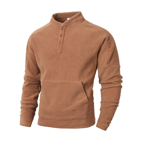 Men Fleece Sweatshirt Pullover Stand Collar Button Henley Long Sleeve Solid Color Kangaroo Pocket Casual Slim Fit Tactical