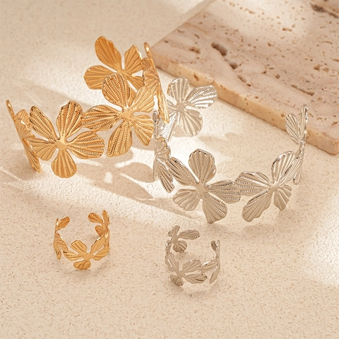 Elegant Metal Flower Jewelry Textured Open Bangle And Ring For Women Fashion Aesthetic Accessories