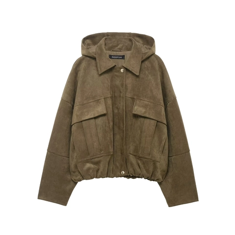 Giacca Con Cappuccio In Ecopelle Scamosciata Da Donna Bomber Casual Con Cerniera E Grandi Tasche Stile Streetwear
