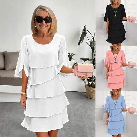 Dames Zomer Ronde Hals Gelaagde Splitsen Jurk Casual Effen Kleur Gelaagde Rok Gespleten Klokmouw Midi Jurk