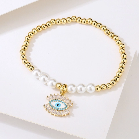 Bracciale Con Perline Malocchio Rame Placcato Oro Imitazione Perla Artificial Zircone Smalto Stile Ins Gioielli Da Donna