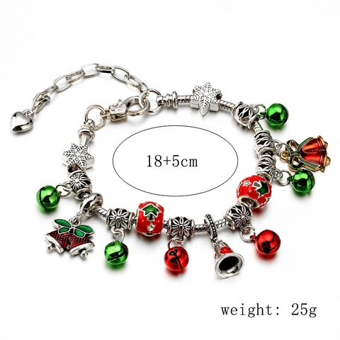 Bracciale Con Ciondoli Natalizi Lega Smalto Perline Rosse Verdi Campanelli Fiocchi Di Neve Catena A Serpente Regolabile