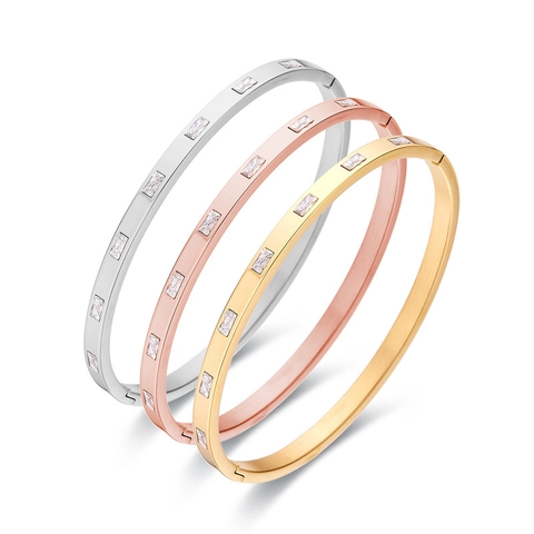 Stainless Steel Bangle Elegant Rectangle Zircon Inlaid Minimalist Luxury Hinge Bracelet For Women Jewelry Accessory