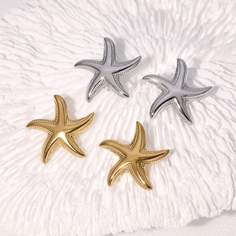Starfish Stud Earrings Stainless Steel Textured Ocean Beach Vacation Style Minimalist Unique Fashion Jewelry For Women