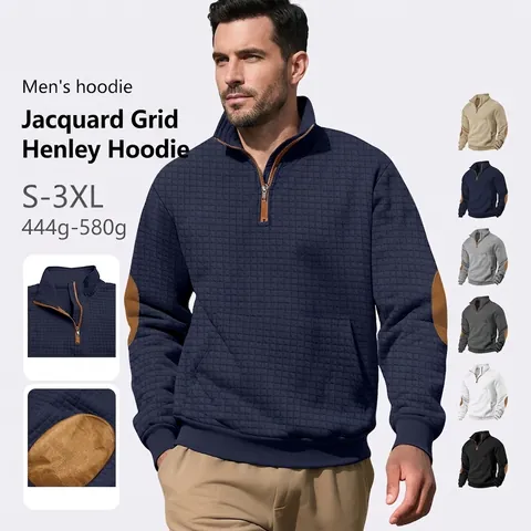 Heren Wafelgebreide Sweatshirt 1/4 Rits Opstaande Kraag Jacquard Casual Top Met Lange Mouwen En Elleboogstukken