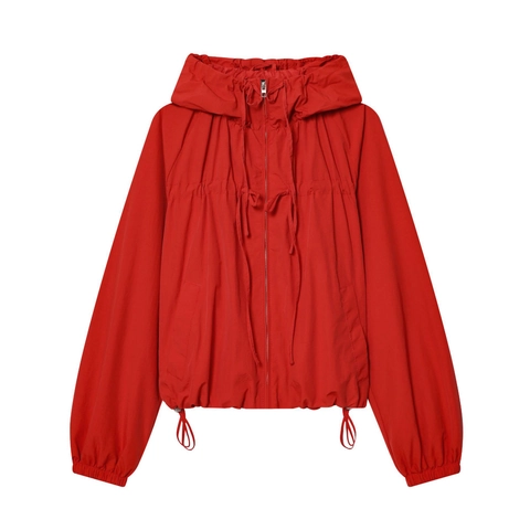 Women Red Hooded Jacket Nylon Polyester Windbreaker Drawstring Waist Zip Up Long Sleeve Casual Sporty Outerwear Fashion