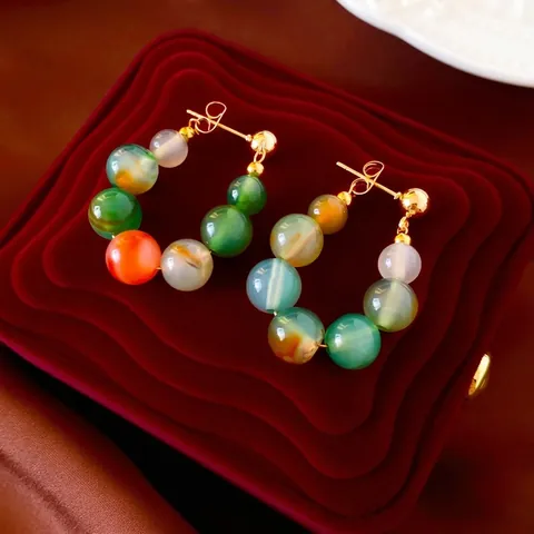 Colorful Natural Stone Agate Beaded Hoop Earrings For Women With Silver Earring Post Bohemian Vintage Elegant Jewelry