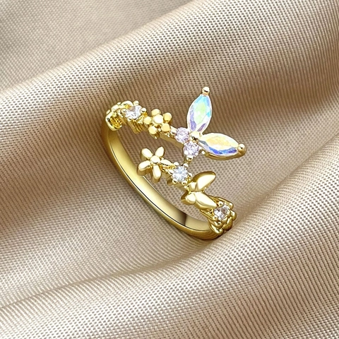 Butterfly Flower Adjustable Open Ring 18K Gold Plated Brass With AAA Zircon Sweet Elegant Fashion Jewelry For Women
