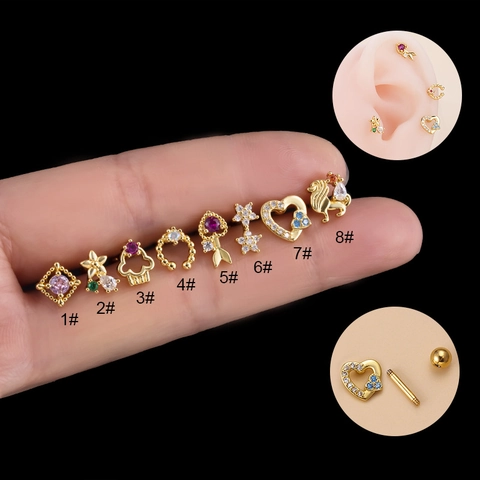Zirkoon Oorkraakbeen Piercing Studs Roestvrij Staal Hart Bloem Schroefsluiting Lichaamssieraden Voor Dames Accessoire