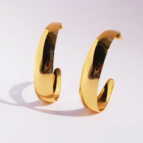 Brass Mirror Polish Large C-Shape Hoop Earrings with 925 Sterling Silver Post Zirconia Teardrop Exaggerated Jewelry for Women