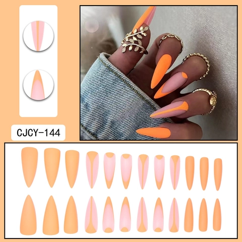 Uñas Postizas Press On Naranja Mate Rosa Nude Stiletto Largo Geométrico Punta Francesa Minimalista Para Mujeres