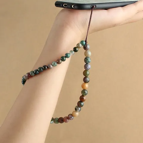 Handmade Beaded Phone Strap Indian Agate Amazonite Synthetic Turquoise Wristlet Lanyard Anti-Lost Charm String Universal