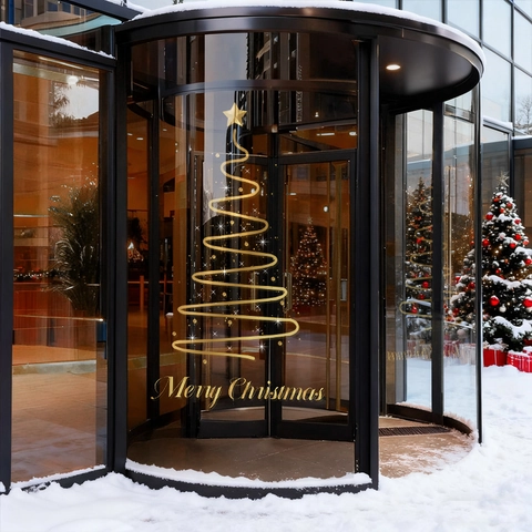 Christmas Window Clings Gold Spiral Tree Merry Christmas Static Cling Stickers For Glass Door Shop Mall Festive Decor
