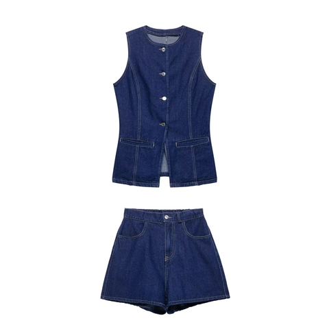 Chaleco Vaquero Y Pantalones Cortos De Cintura Alta Mujer Sin Mangas Con Botones Ropa Casual Streetwear De Verano