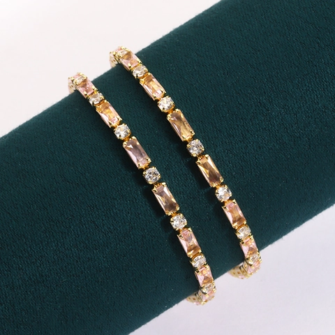 Bracciale Tennis In Lega Placcata Oro Con Zirconi Rettangolari Champagne E Pietre Tonde Da Donna Elegante