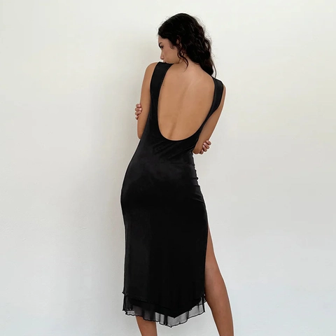 Women Sexy Backless Maxi Dress Sleeveless Bodycon High Slit Mesh Patchwork Hem Polyester Spandex Streetwear Black