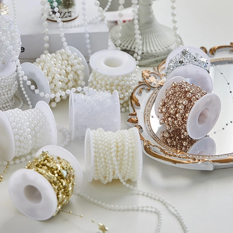 Christmas Artificial Pearl Bead Chain DIY Xmas Tree Decoration Star Snowflake Garland For Wedding Party Home Decor Roll