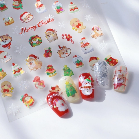 Adesivi Per Unghie Natale 3D Rilievo Autoadesivi Laser Olografici Babbo Natale Pupazzo Di Neve Per Festa Invernale