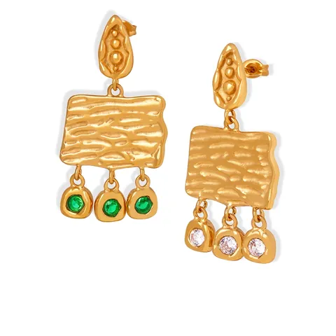 Orecchini Goccia Acciaio Titanio Vintage Donna Piastra Martellata Intarsiata Zircone Pietra Vetro Gioielli Lusso