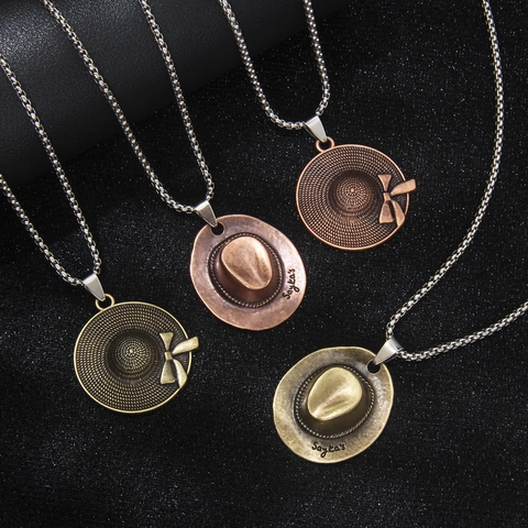 Western Cowboy Hat Pendant Necklace Retro Alloy And Stainless Steel Chain Bow Straw Hat Jewelry For Men Women