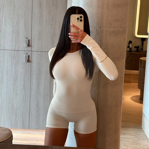Slim Fit Long Sleeve Top And High Waist Shorts Solid Color Ribbed Athletic Fashion Streetwear For Women