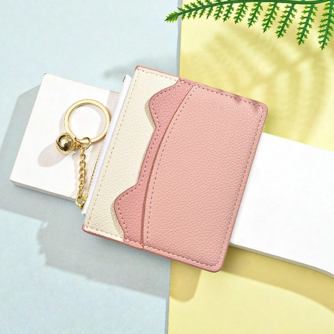 Women Card Holder Wallet PU Leather Litchi Grain Color Block Cat Ear Design Zipper Coin Purse With Keychain Bell For Daily Use