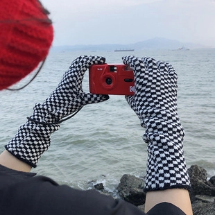 Checkerboard Knit Long Gloves Touchscreen Winter Warm Jacquard Acrylic Fingerless Arm Warmers For Women Men