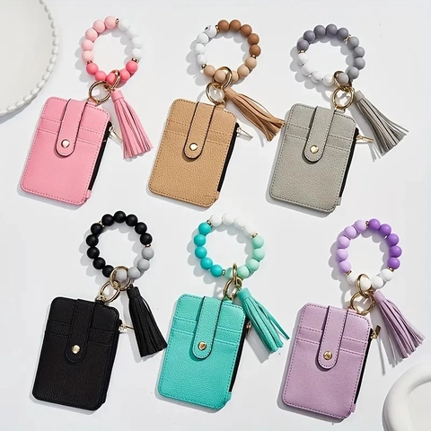 Beaded Wristlet Keychain With PU Leather Card Holder Wallet Tassel Silicone Beads Elastic Bracelet Ring Portable Zipper Coin Purse