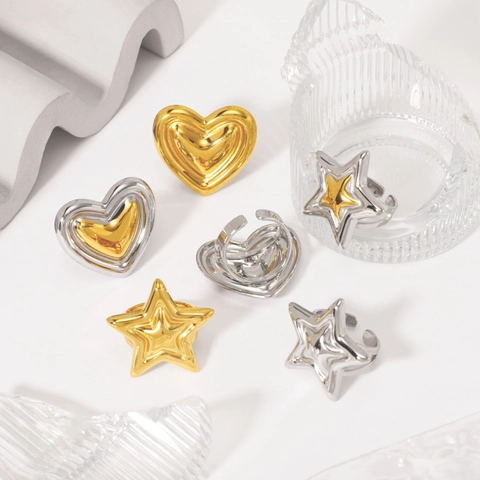 Anelli Cuore Stella Spessi In Acciaio Inossidabile Impermeabili Ipoallergenici Regolabili Gioielli Per Donna