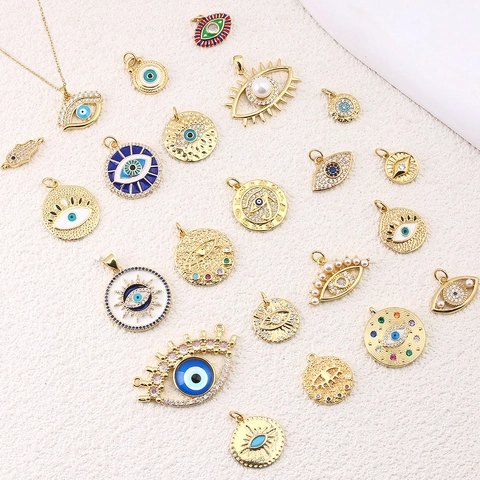 Fashion Gold Plated Copper Evil Eye Pendant Necklace Women Vintage Enamel Zirconia Rhinestone Sunburst Medallion Jewelry