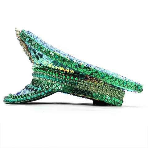 Green Sequin Captain Hat Rhinestone Embellished Military Style Performance Festival Party Rave Costume Accessories