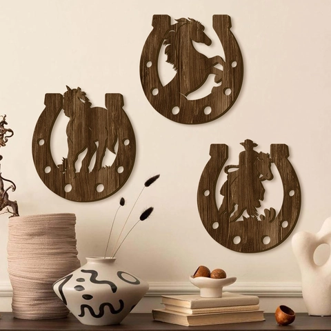 Horseshoe Wooden Wall Decor Hollow Out Horse Cowboy Silhouette Western Rustic Farmhouse Hanging Art For Home Office