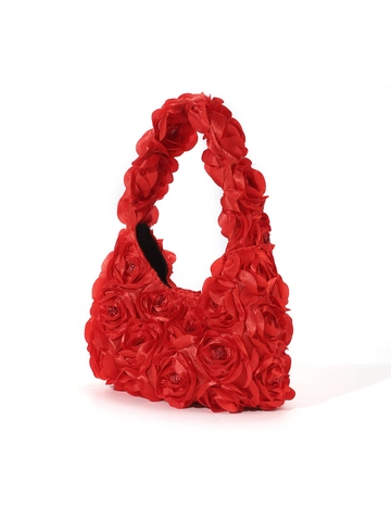Sac De Soirée Satin Rose 3D Vintage Pochette À Paillettes Forme Lune Sac À Main Mariage Fête Pour Femmes