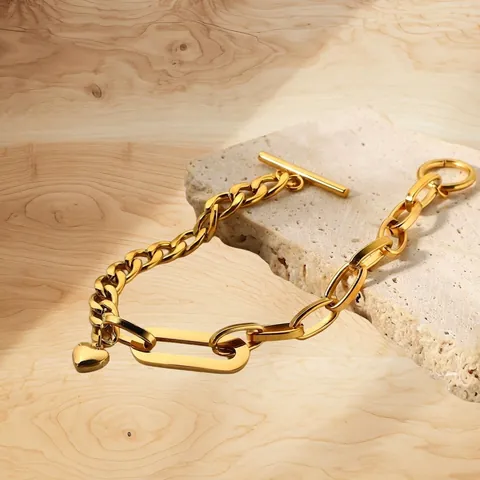 Pulsera Con Colgante De Corazón De Acero Inoxidable Para Mujer Chapada En Oro De 18K Cadena Cubana Con Cierre T