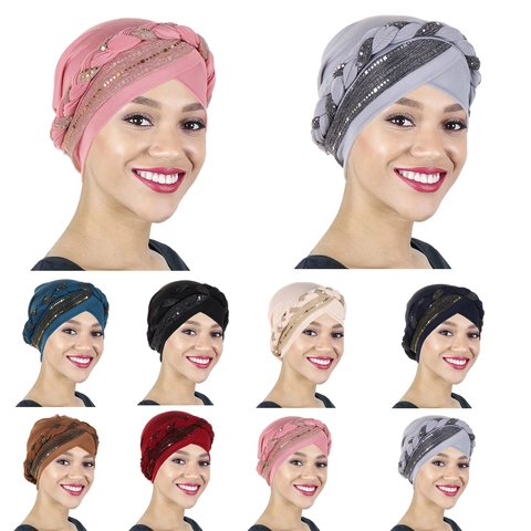Women Braided Sequin Turban Hat Elastic Polyester Head Wrap Chemo Cap Elegant Headscarf For Daily Travel Fashion