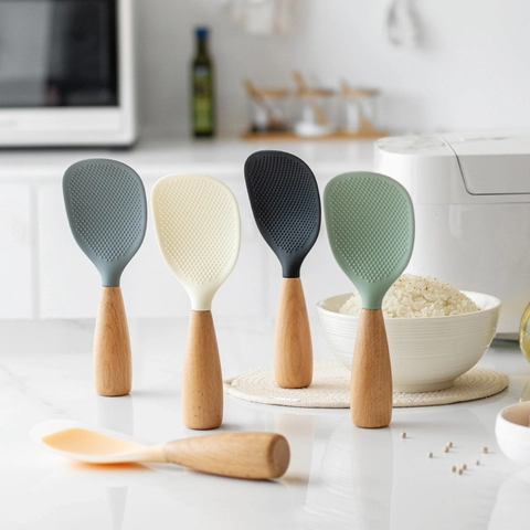 Cucchiaio Per Riso In Silicone Antiaderente In Piedi Resistente Al Calore Manico In Legno O Inox
