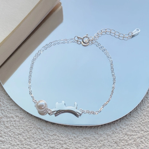 Bracciale in Argento Sterling 925 Gatto Perla Artificiale per Donna Bracciale Minimalista Carino Animale a Catena Regolabile Gioielli Eleganti Regalo