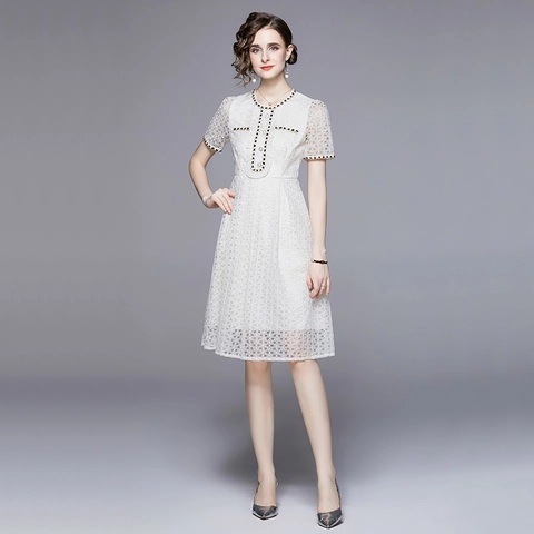 French Style Elegant Lace Midi Dress Round Neck Short Sleeve A-Line Hollow Out Artificial Pearl Button Decoration For Women