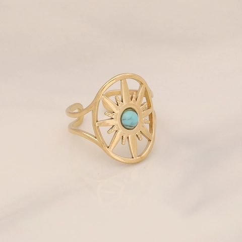 Stainless Steel Ring Geometric Gold Plated Adjustable Open Finger Jewelry Women Fashion Style Turquoise Accent