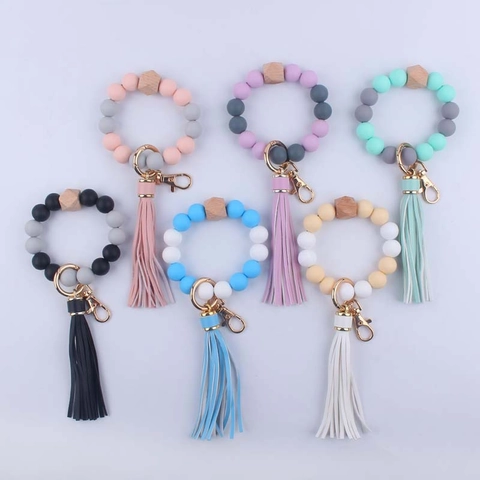 Llavero de Pulsera de Cuentas de Silicona Con Borla de Cuero Cuenta Octogonal de Madera Anillo de Llave Muñeca para Mujeres