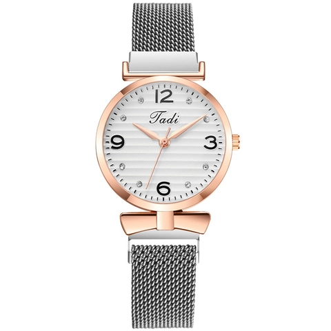 Women Quartz Watch Rhinestone Bow Accent Wavy Dial Stainless Steel Mesh Magnetic Strap Elegant Fashionable