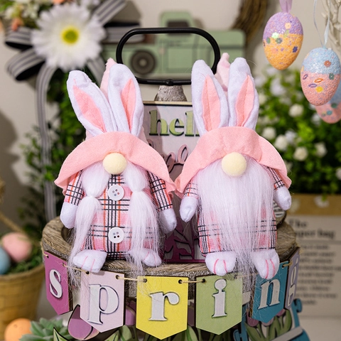Gnomo de Pascua a Cuadros Rosa Muñeca de Peluche Con Orejas Largas Barba Trenza Rudolph Decoración de Muñeca Para El Hogar