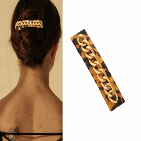 Molletta Per Capelli In Acetato Tartarugato Con Catena In Metallo Rettangolare Fermaglio A Molla Accessori Capelli Donna