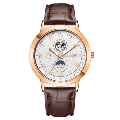 Business Quartz Watch Moon Phase Calendar Function PU Leather Strap Metal Case Roman Numerals Fashion Men Wristwatch