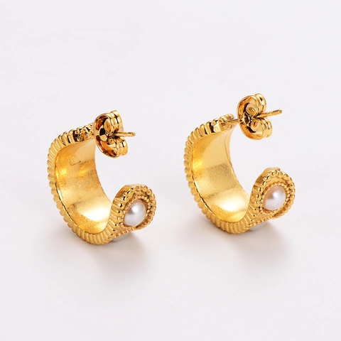 Pendientes De Aro En Forma De C Para Mujer Chapado En Oro De 18K Acero Inoxidable Con Perla Artificial Blanca Joyería Elegante