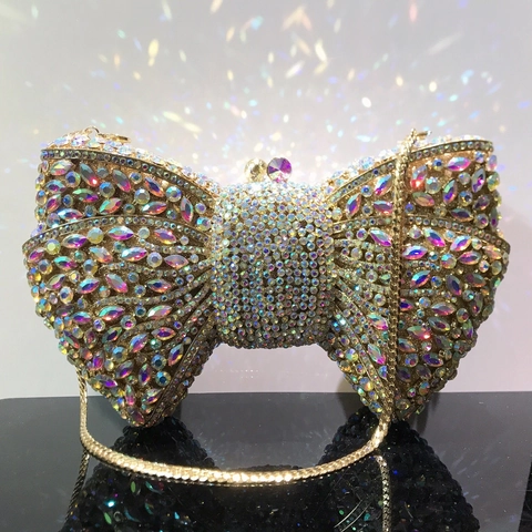 Bow Shape Rhinestone Evening Clutch Bag Crystal Banquet Party Formal Handbag Shiny Metal Chain Strap