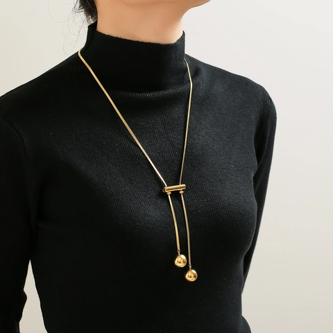 Titanium Steel 18K Gold Plated Long Sweater Chain Necklace Hollow Metal Ball Tassel Pendant Minimalist Jewelry For Women