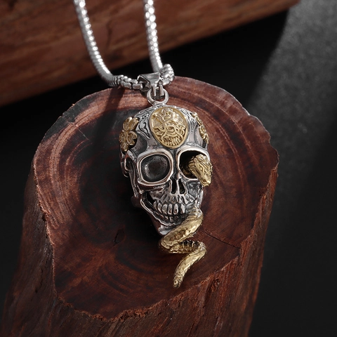 Collana Con Pendente A Teschio Lega Serpente Dorato Gotico Hip Hop Retro Punk Scuro Gioielli Per Uomo Unisex