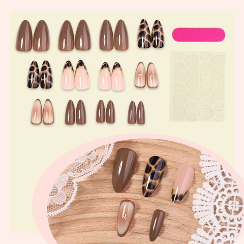 Leopard Print French Almond Press On Nails Brown Nude Pink Gradient Glossy Resin Gold Star Decor Elegant For Women