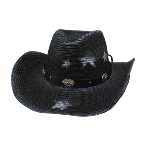 Western Cowboy Straw Hat With Star Pattern Faux Leather Band Metal Concho Adjustable Chin Strap Wide Brim Sunshade